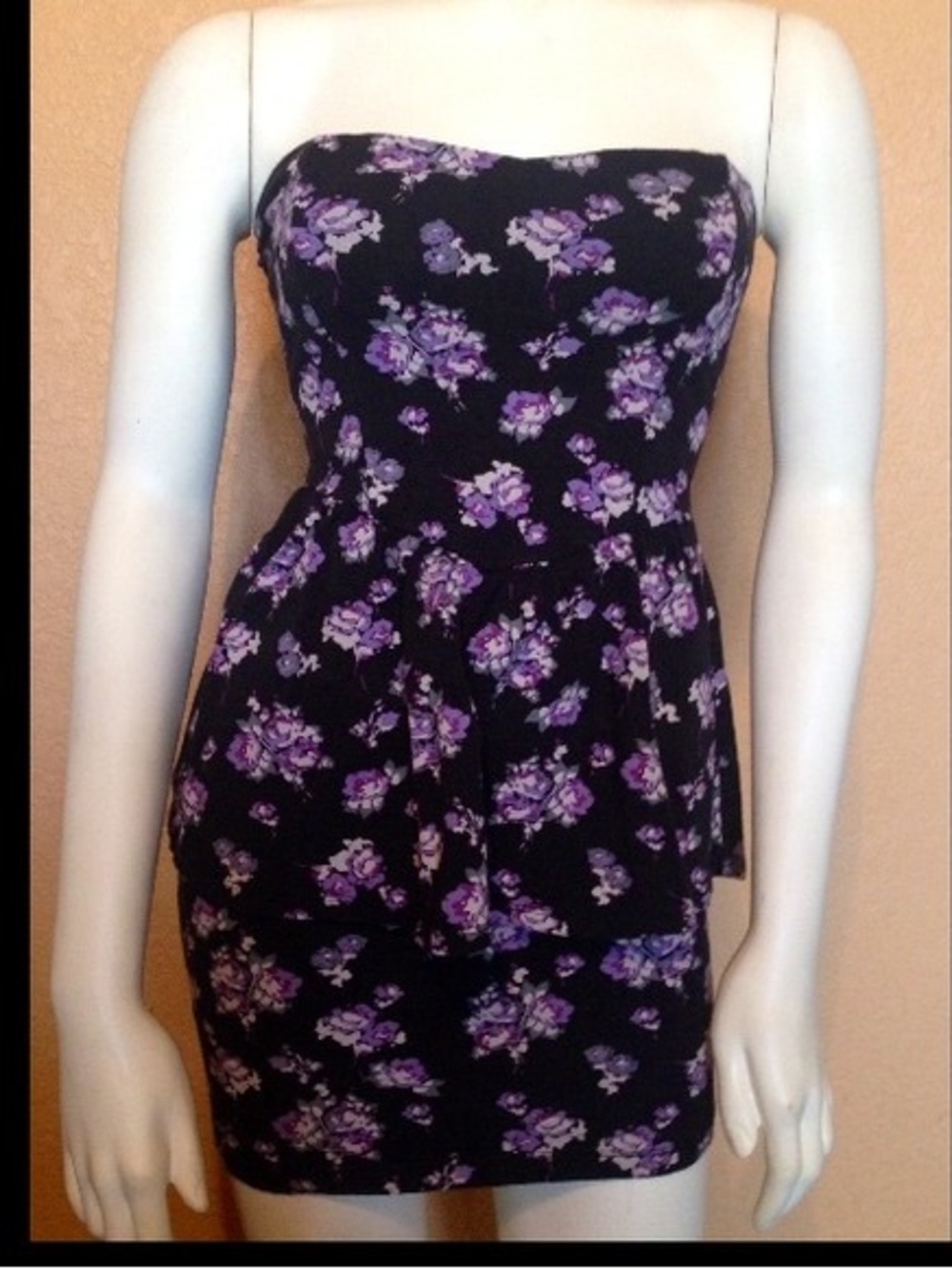 Strapless Black Dress with Purple Floral Print
